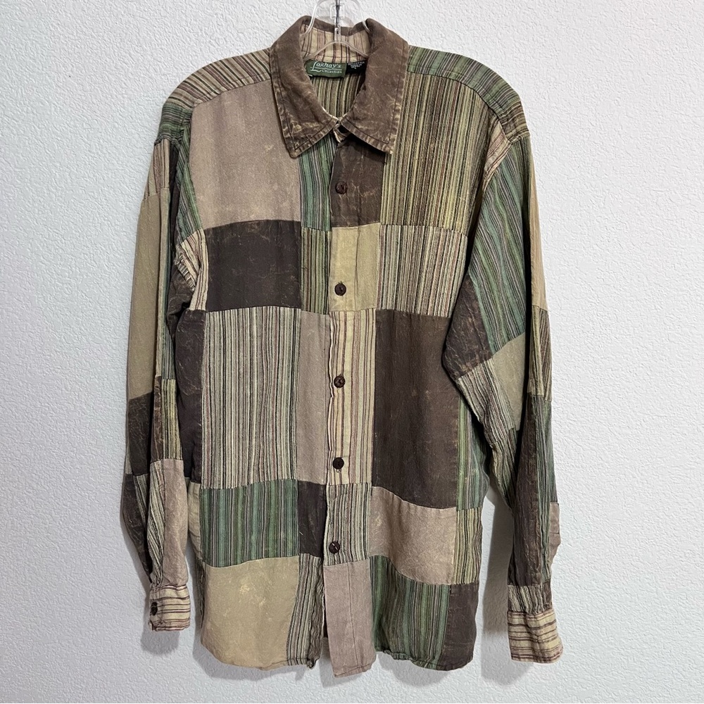 Lakhay's Collection Green Cotton Handmade Made in Napal Patch Button Front Shirt